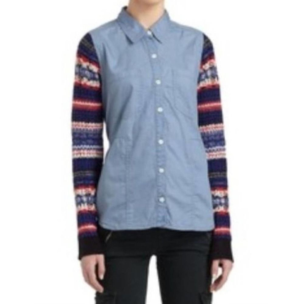Free People Chambray Button Up Sweater Sleeve Top
